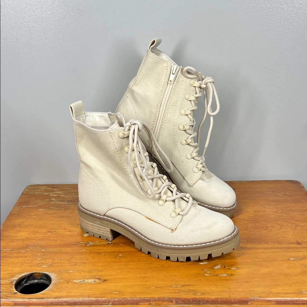 Women's Cream Lace-Up Combat Boots